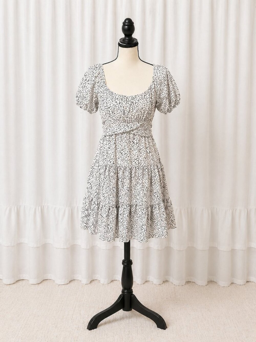 Altar’d State White Polka Dot Mini Dress Puff Sleeve Tie Waist Size S